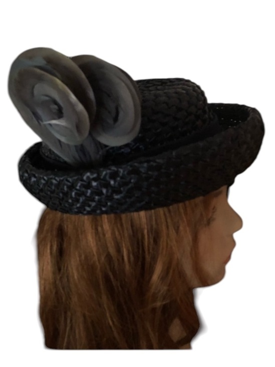 Vintage Blue Raffia Straw Hat w Feathers main image 4